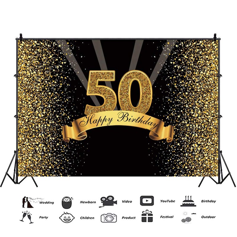 Yeele 10x8ft 50Th Birthday Backdrop for Photography Glitter Gold and Black Background Happy Birthday Party Decoration Banner Celebration Adult Photo Booth Shoot Vinyl Studio Props - Image 2